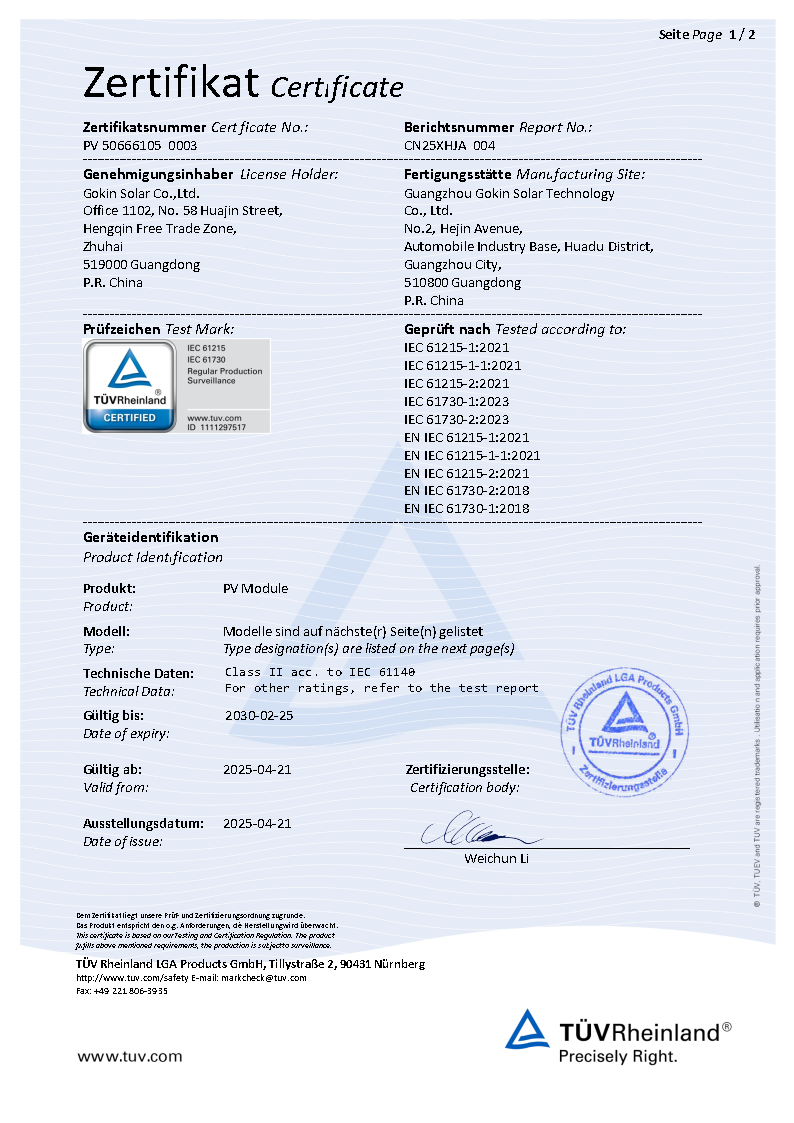 IEC61215&IEC61730 TüV Certyfikat BC modu?u jednoszybowy