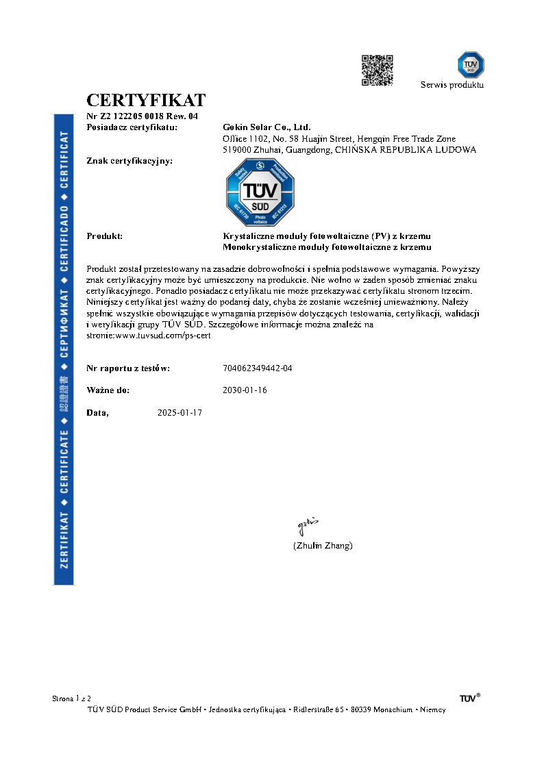 TüV SUD Certyfikat dla modu?u dwuszybowego