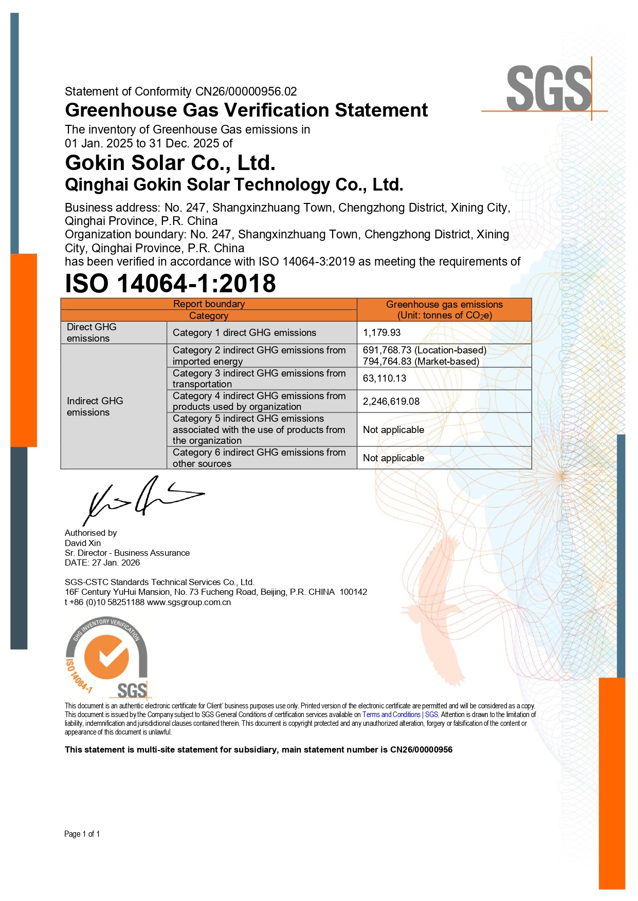 ZSN240229 - Qinghai Gokin Verifizierungserkl?rung für Treibhausgase