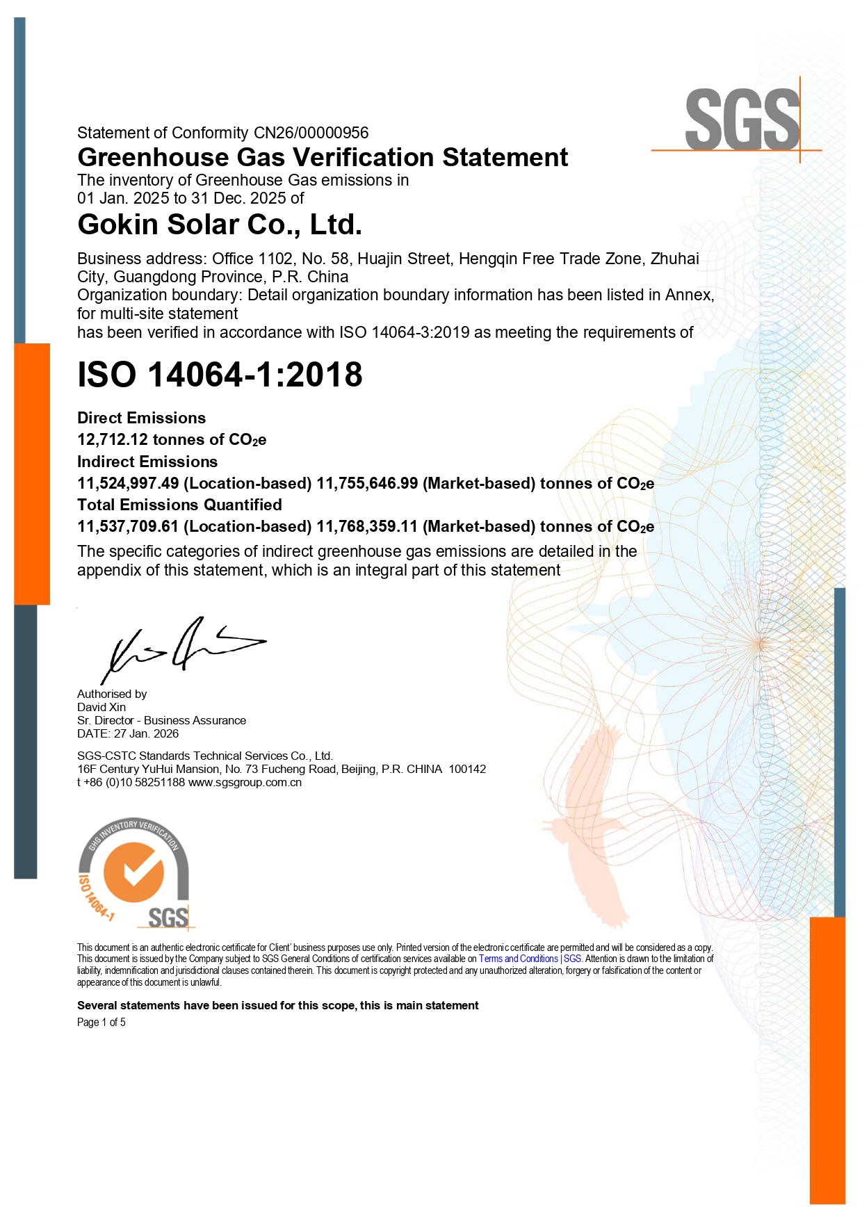 ZSN240229 - Gokin Solar Co., Ltd. Deklaracja weryfikacji gazów cieplarnianych - Cztery Bazy Przemys?owe