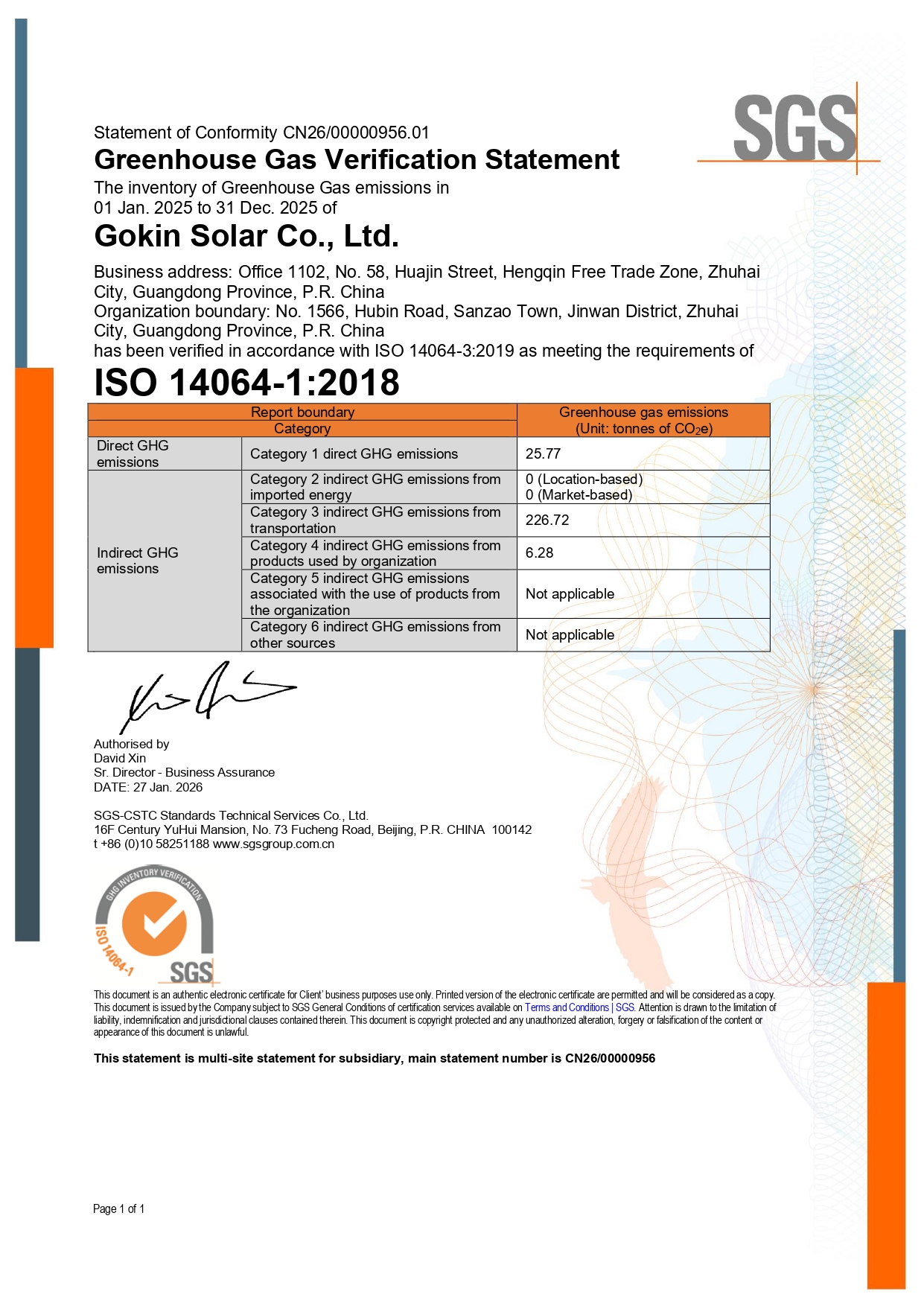 ZSN240229 - Gokin Solar Co., Ltd. Verifizierungserkl?rung für Treibhausgase