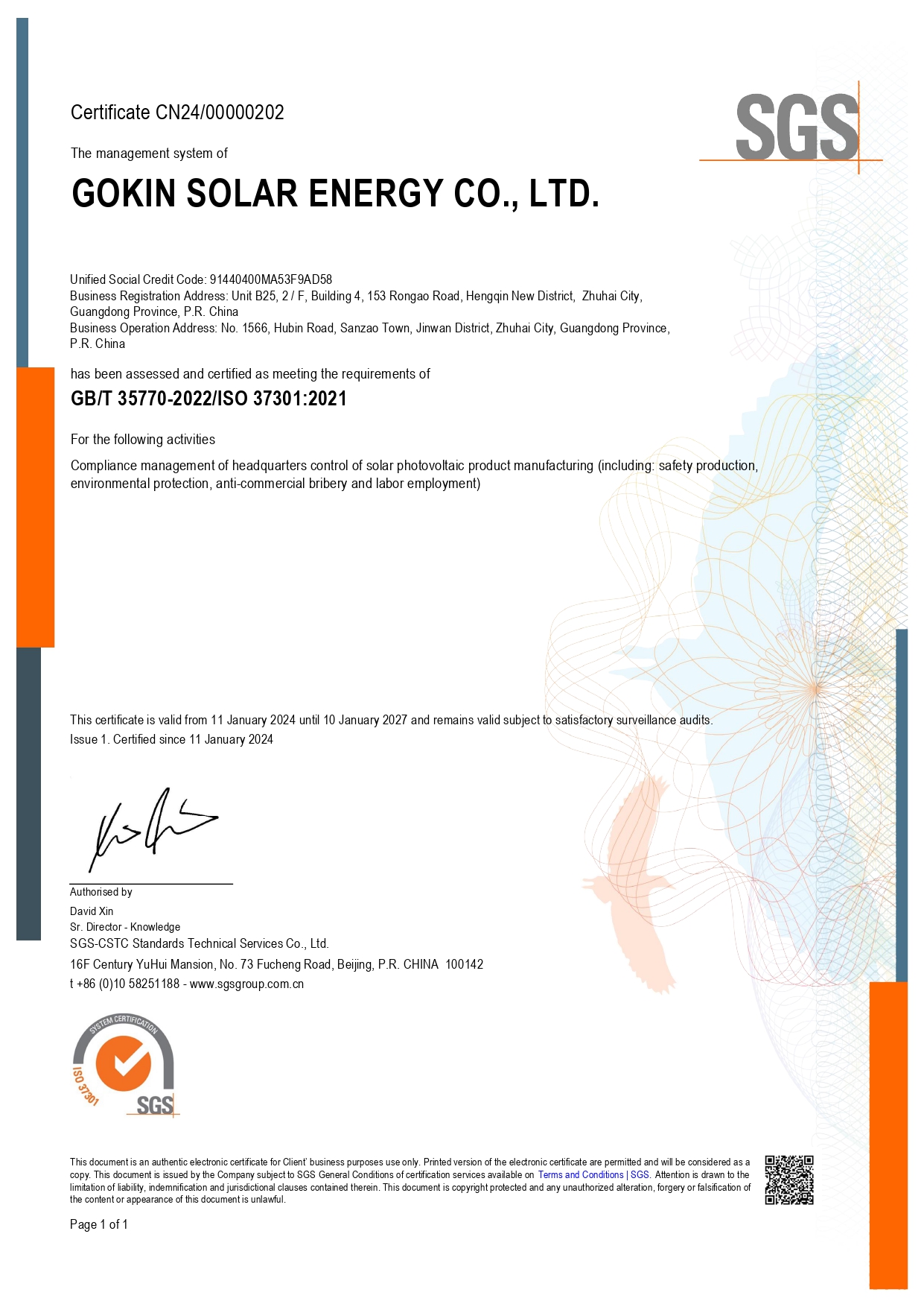 Certificado de Certificación del Sistema de Gestión de Cumplimiento ISO 37301